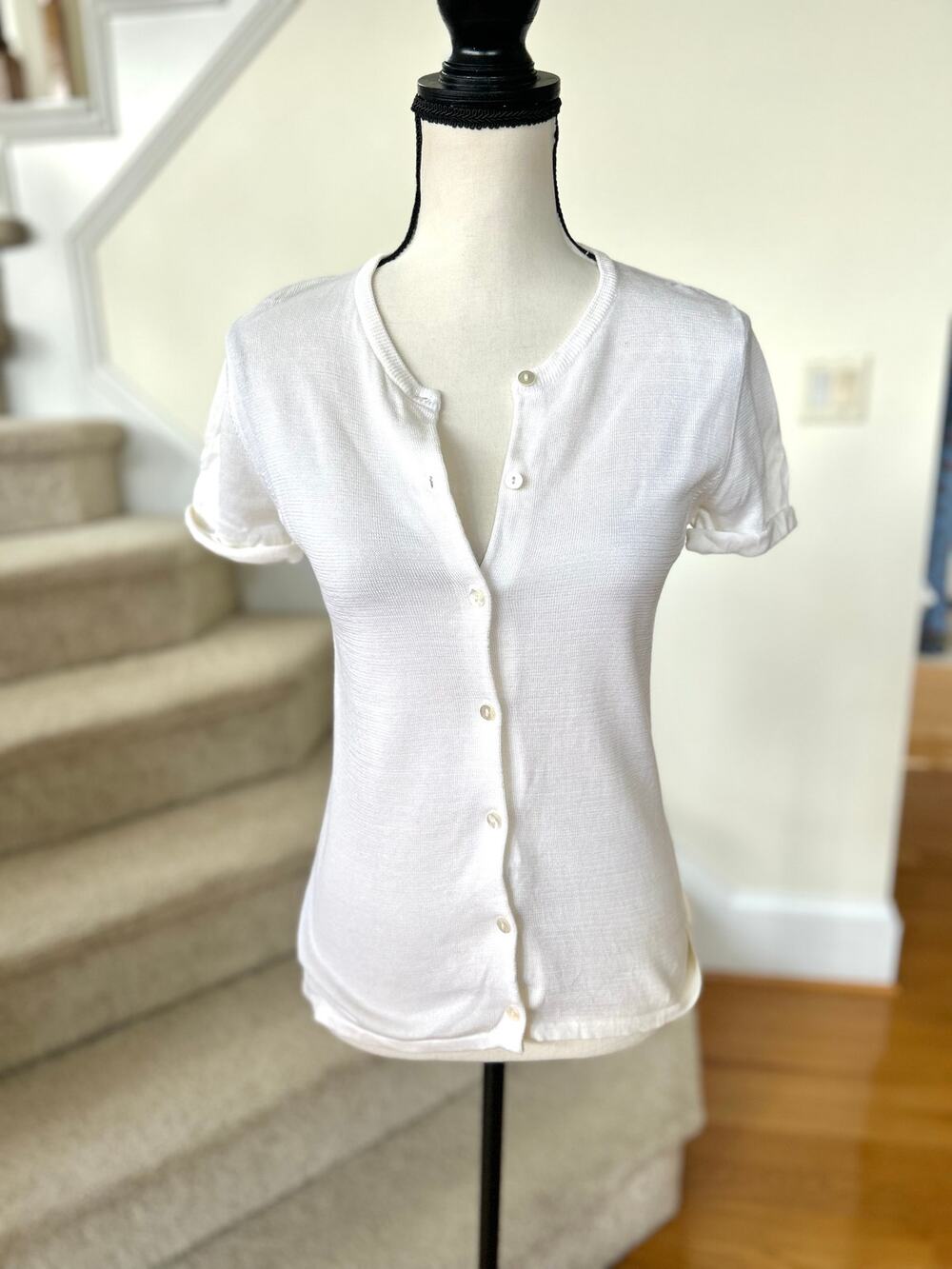 White + Warren White Short Sleeve Cotton Button Up Baby Cardigan